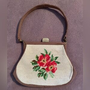 Vintage Floral Embroidered Brown and Cream Handbag